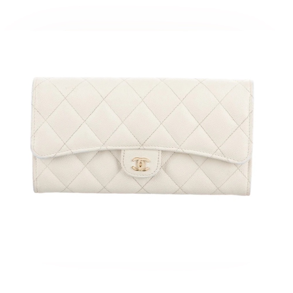 CHANEL Ivory Caviar Quilted Long Wallet Gold Hardware Vintage Full Inclusion